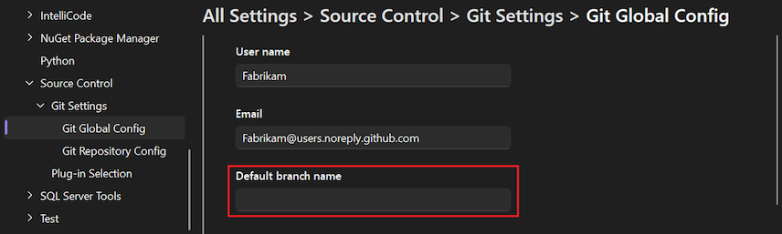 Screenshot of the 'Default branch name' option in the Options pane.