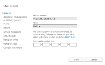 The General tab in Exchange server properties in the EAC for an unlicensed server.