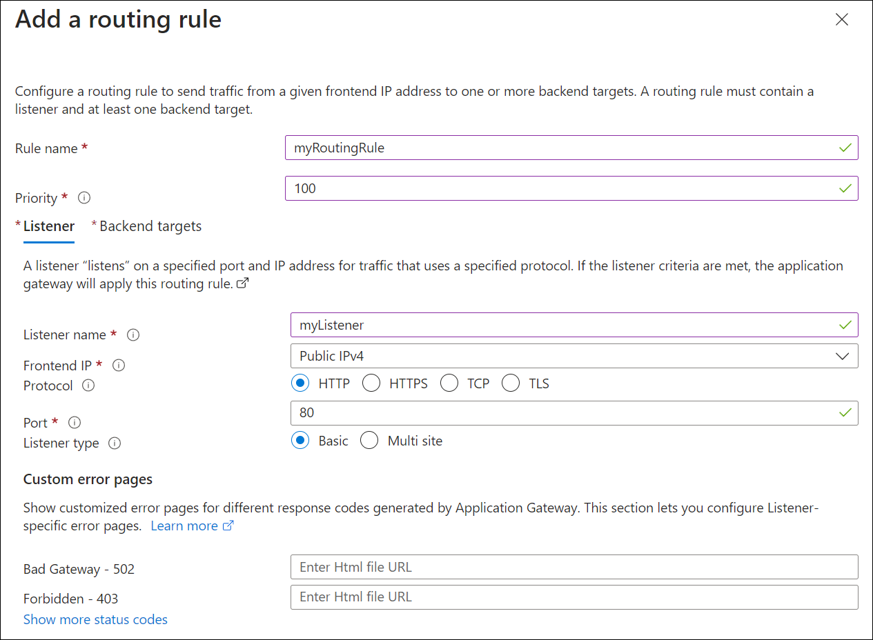A screenshot of creating a new application gateway: listener tab.