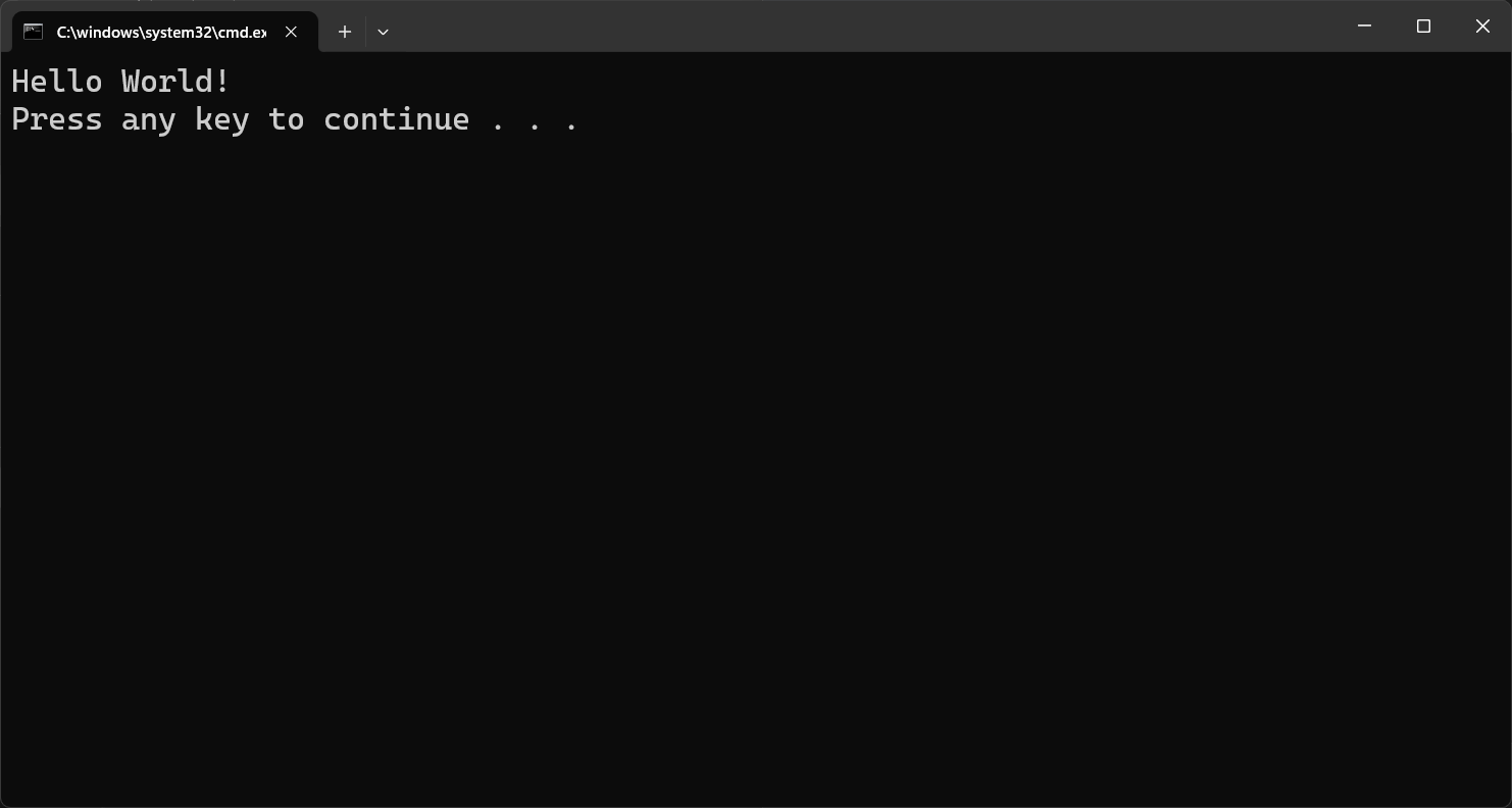 Screenshot of a Command Prompt window that contains output from the app. The output contains the text Hello World!