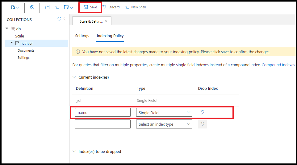 Screenshot of adding a name index in the indexing policy editor.