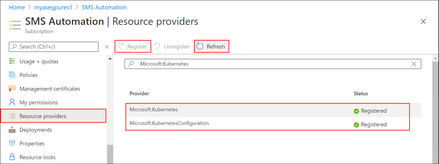Screenshot of register Kubernetes resource providers 3.