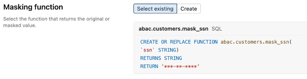 Example ABAC column mask policy settings for the Masking function section.