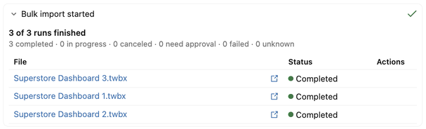 The Bulk import started card shows three Tableau workbooks with a Completed status.