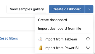 The Create dashboard menu shows the Import from Tableau and Import from Power BI options.