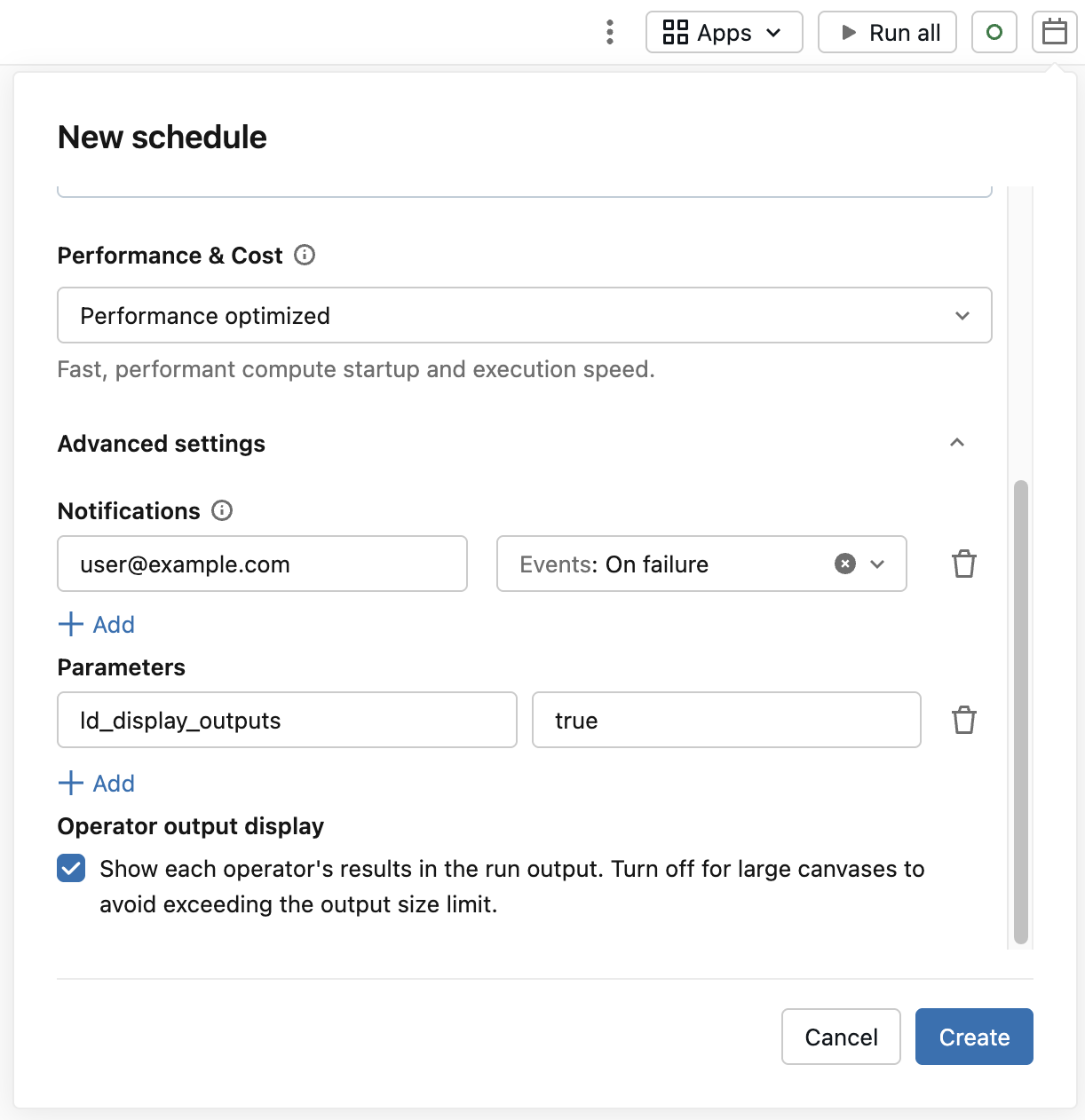 The New schedule dialog's advanced settings with Show each operator's results in the run output selected.