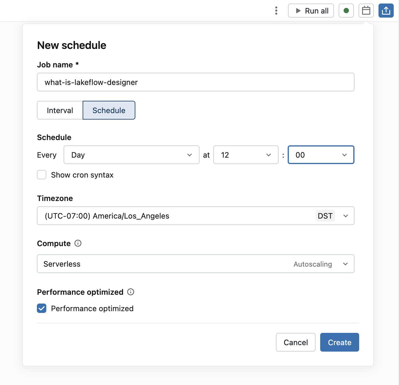 The New schedule dialog with the job name, schedule interval, timezone, and compute settings.