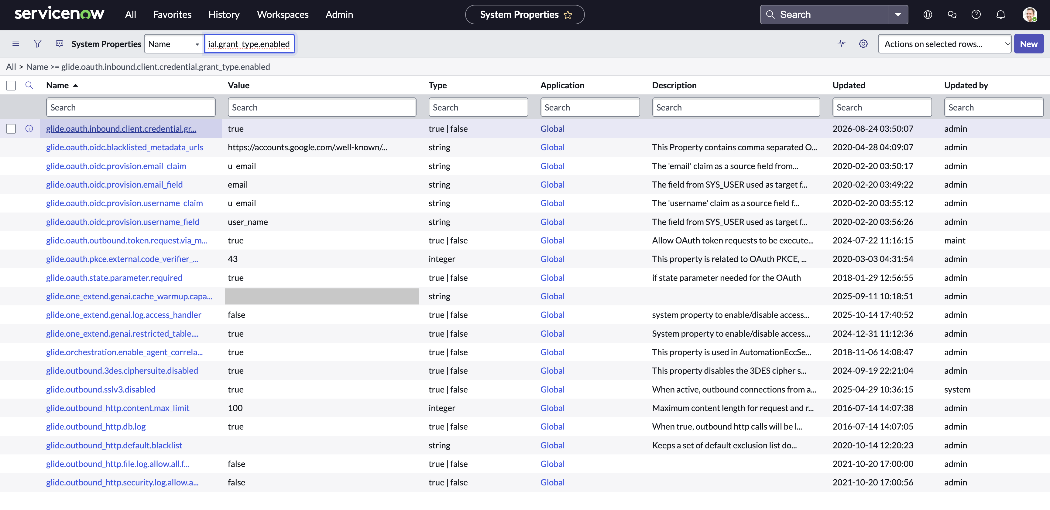 ServiceNow system property for the client credentials grant set to true