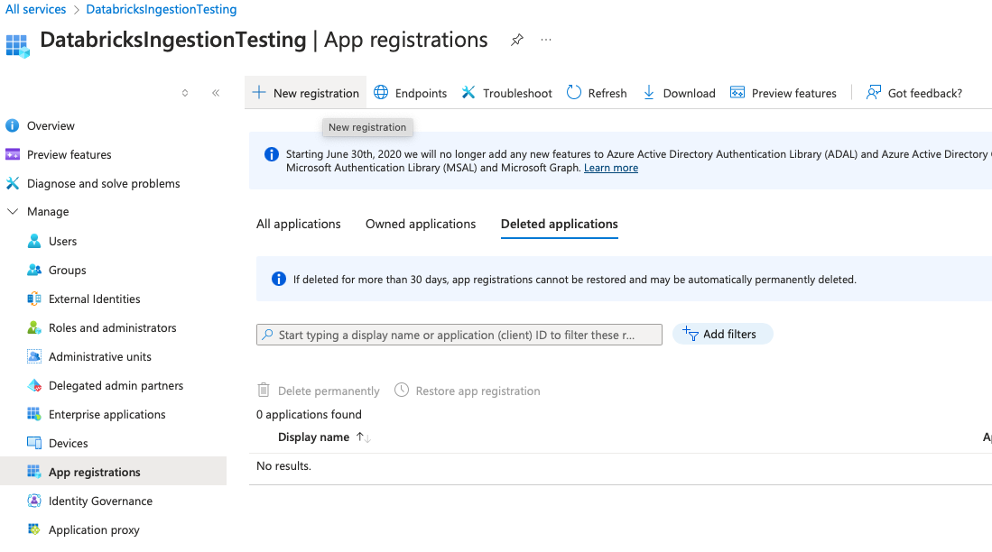 New registration button for Entra ID app