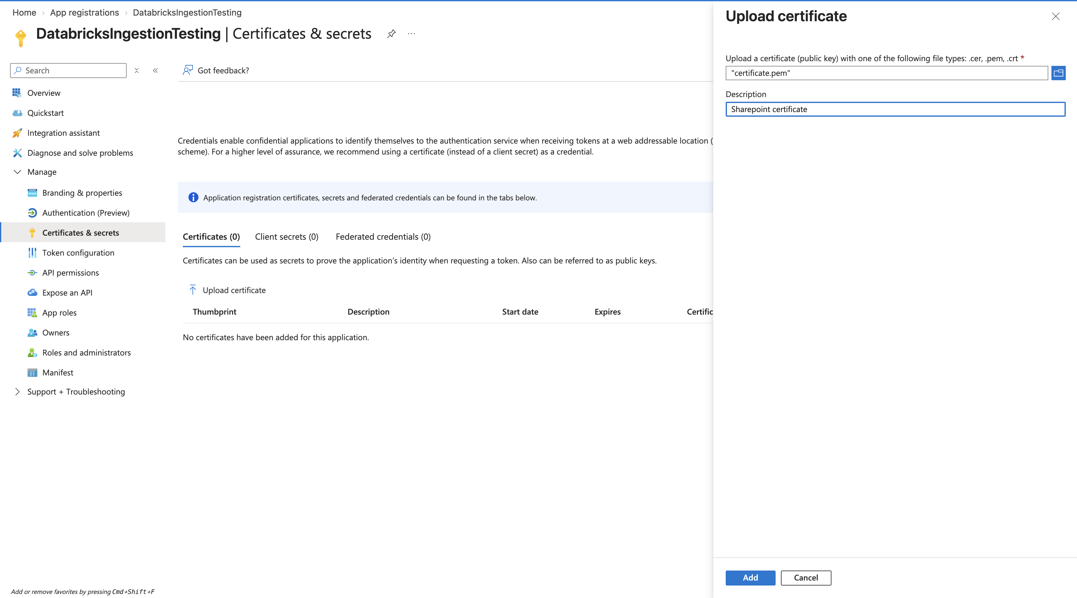 Upload certificate panel on the Certificates & secrets page of the app registration