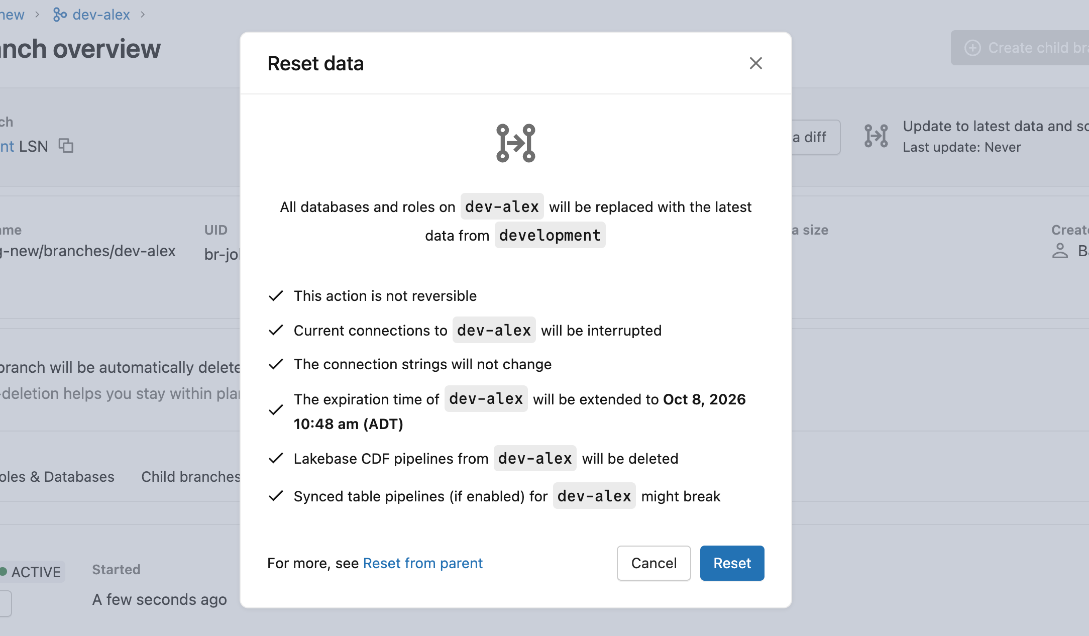 Reset data confirmation modal