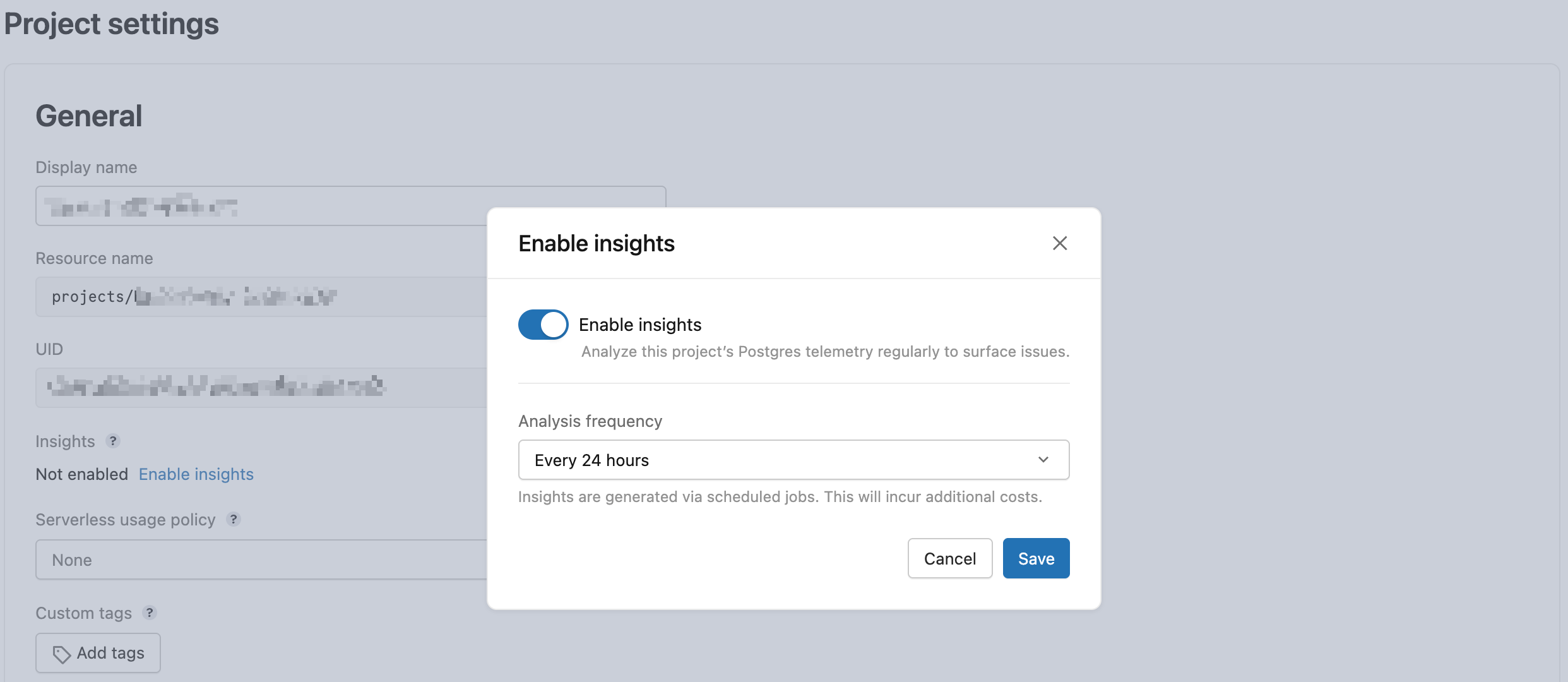 The General section of a project's Settings, with Insights showing Not enabled and an Enable insights link, and the Enable insights dialog open over it showing the Enable insights toggle turned on, Analysis frequency set to Every 24 hours, and Cancel and Save buttons.