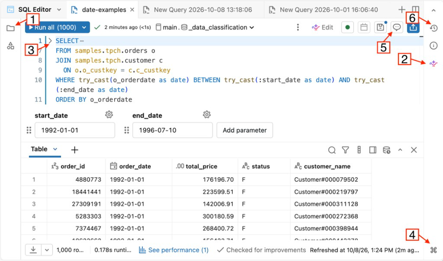SQL editor with numbered callouts marking the workspace file browser, Databricks Assistant pane, code collapse arrow, command palette, code comments tool, and version history.