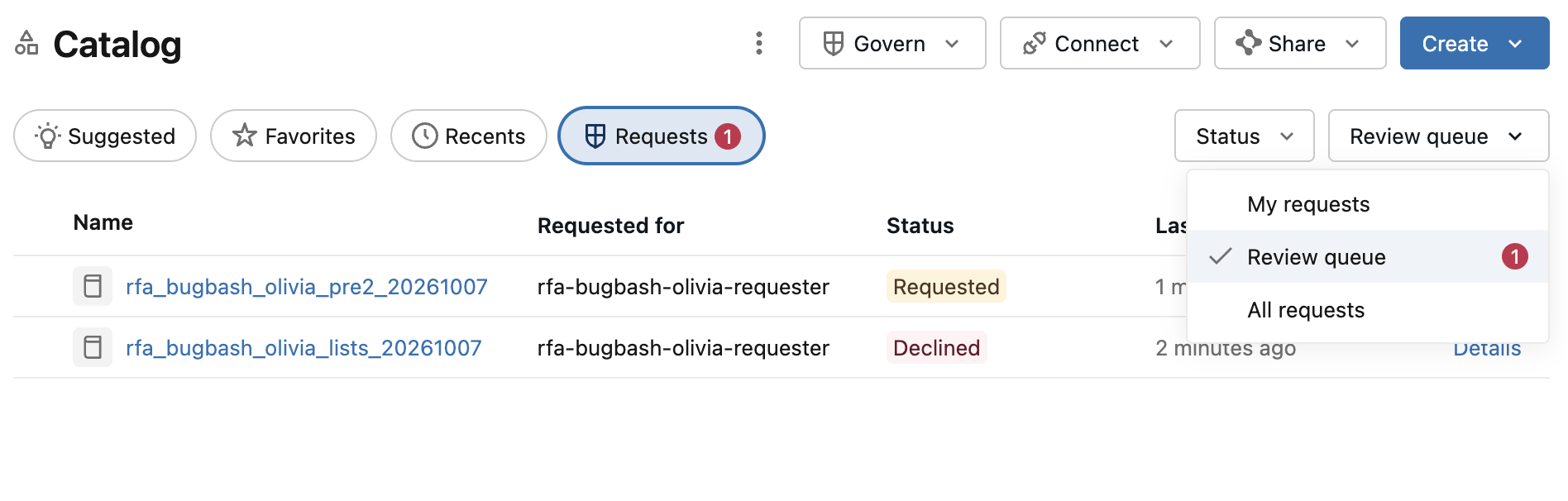 Catalog Explorer Requests page showing the Review queue with request statuses.