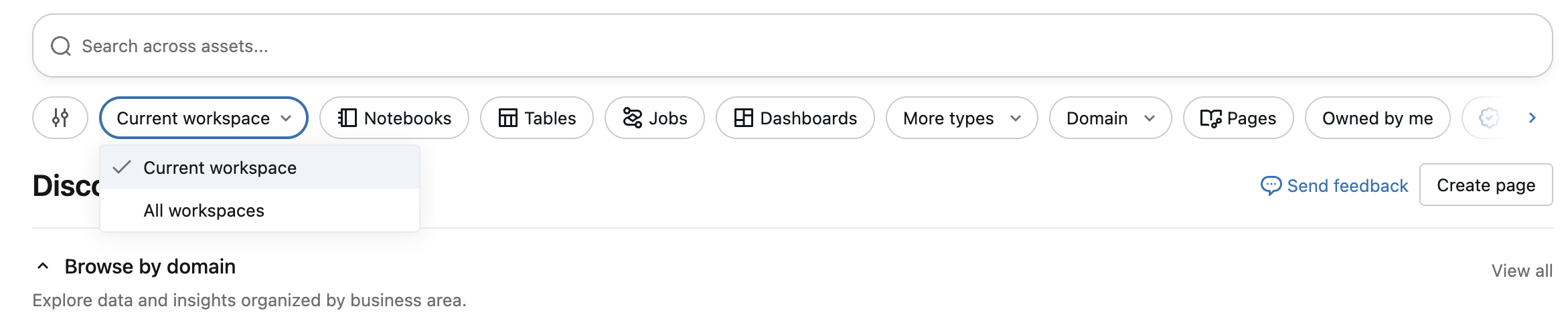 The Scope dropdown on the Discover page, showing the Current workspace and All workspaces options