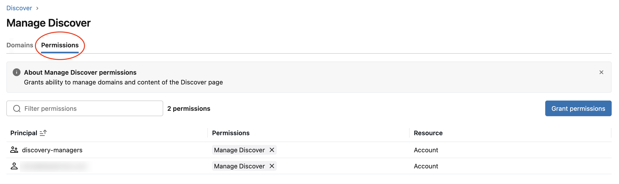 Permissions tab of the Manage Discover page