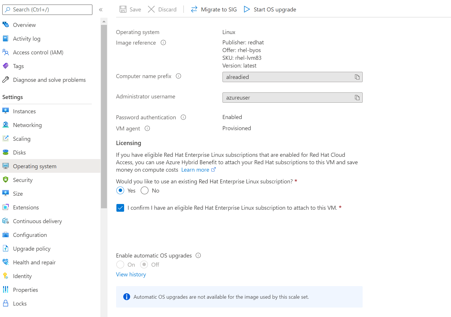 Screenshot of the Azure portal that shows the Licensing section of the pane for the operating system.