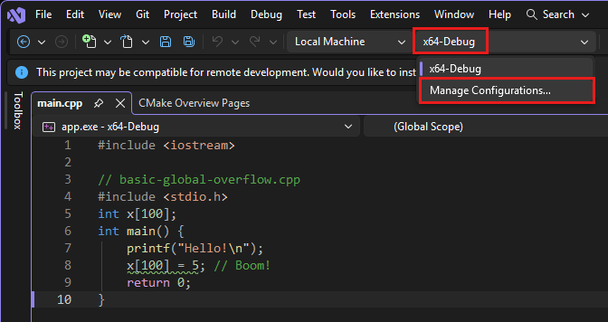 Screenshot showing the CMake configuration dropdown menu that displays options like x64 Debug, x64 Release, and, at the bottom of the list, Manage Configurations... is highlighted.