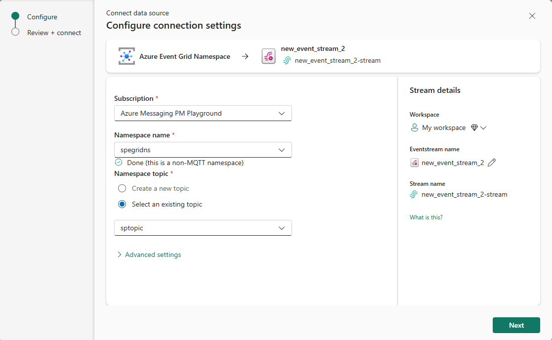 Screenshot that shows configuration settings for an Azure Event Grid namespace when MQTT isn't enabled.