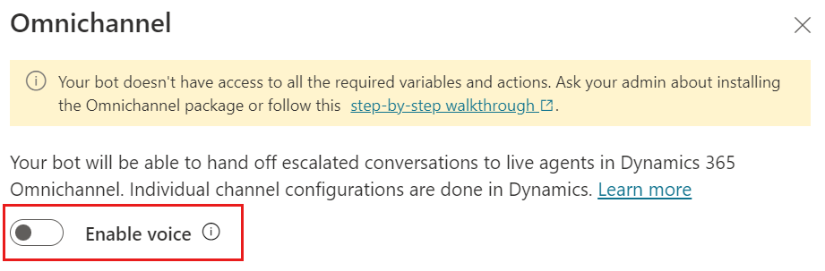 Screenshot of the Copilot Studio Dynamics 365 section with the Enable voice toggle highlighted.