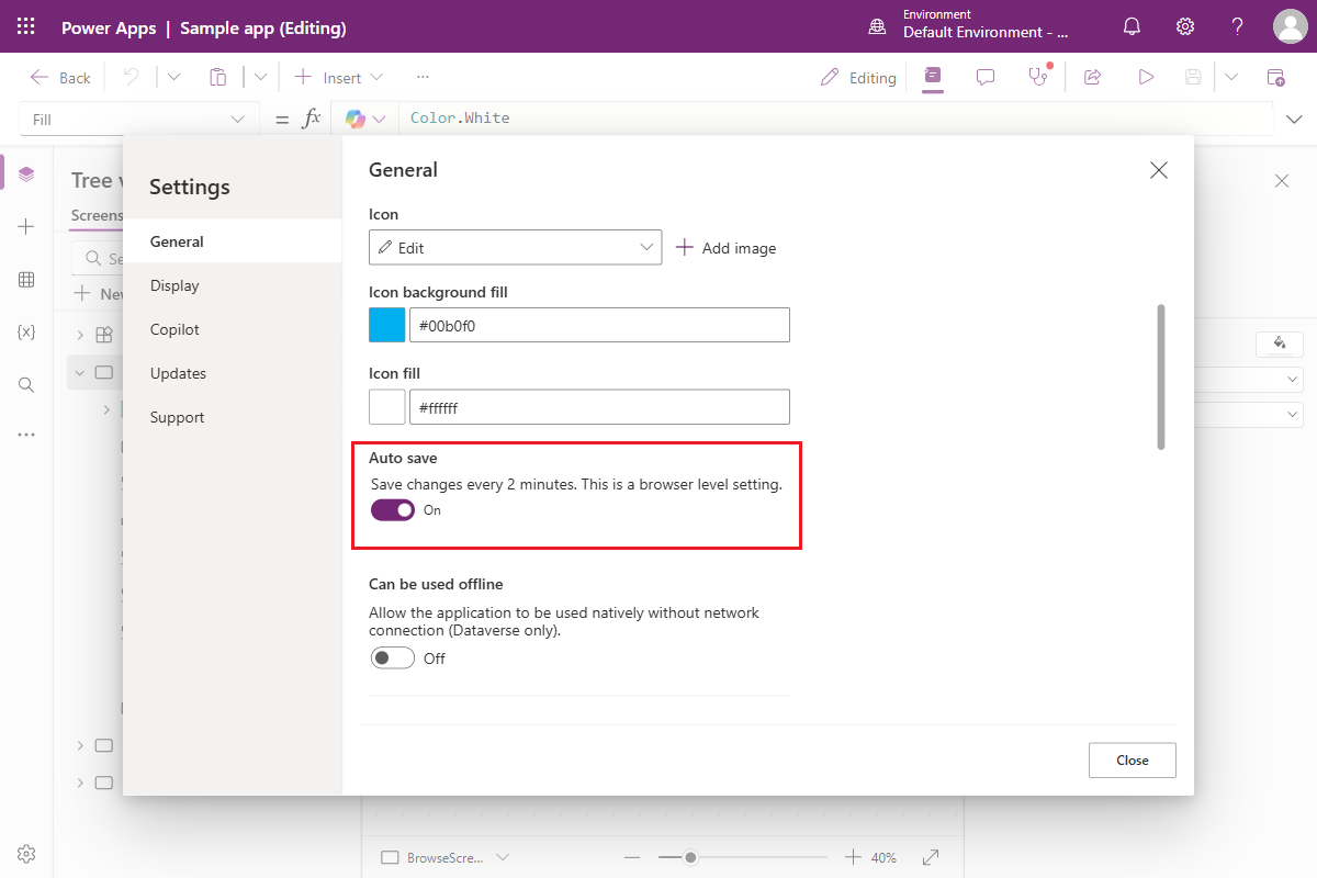 Screenshot of the AutoSave toggle location in Power Apps settings.