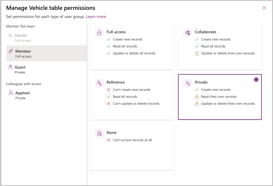Manage table permissions
