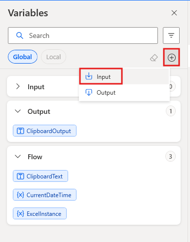 Screenshot of the button that creates a new input variable.