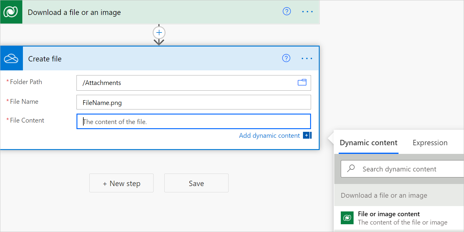 Use dynamic content in Create file action Use dynamic content in Create file action.