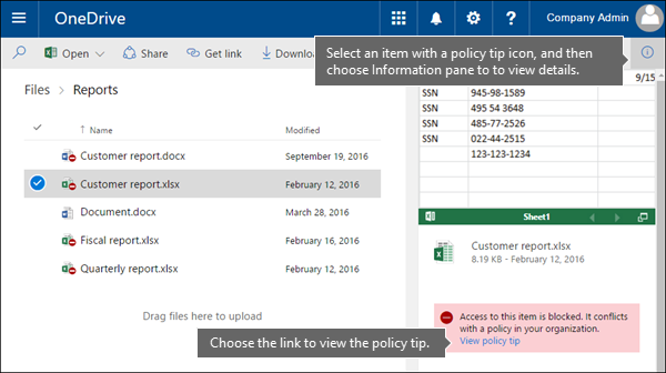 Screenshot of the information pane showing a policy tip.