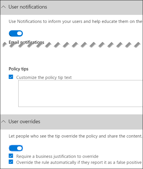 Screenshot of policy tip options in a DLP policy configuration.