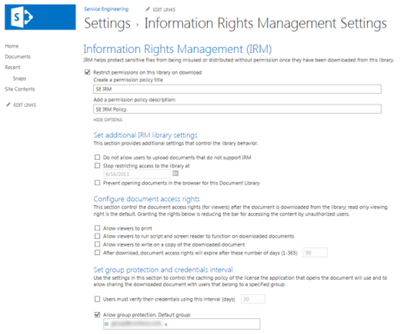 Screenshot of the Information Rights Management Settings page for a SharePoint library.