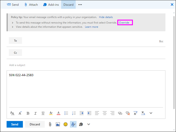 Screenshot of a policy tip in a message expanded to show the Override option.