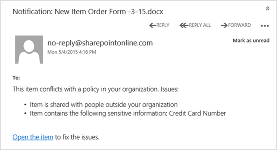 Screenshot of a default DLP notification email message sent to a user when content matches a policy rule.