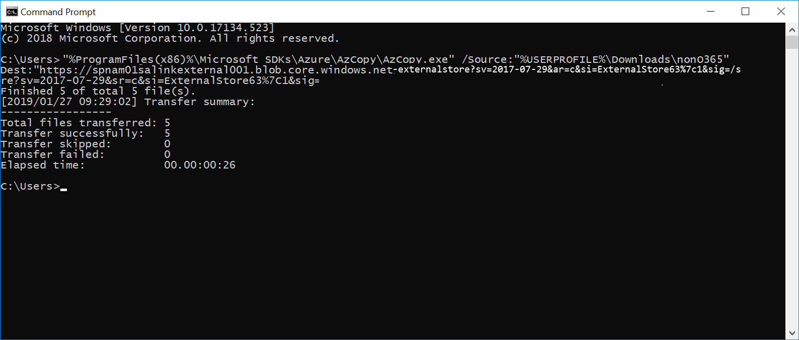 Screenshot of the AzCopy command used to upload external data to Azure Storage.