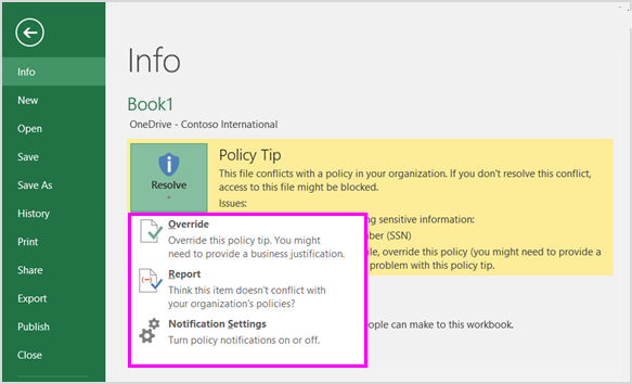 Screenshot of options on a policy tip in the Backstage view in Excel 2016.