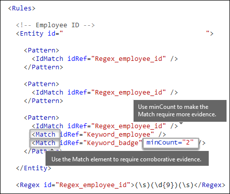 XML markup showing a Match element with the minCount attribute to require multiple match instances.