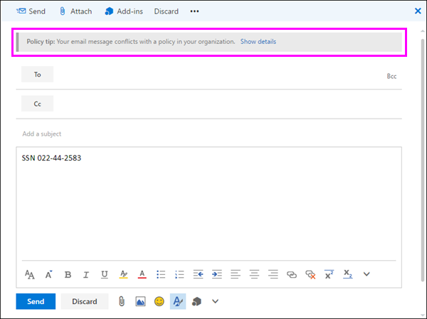 Screenshot of a policy tip at the top of a message being composed.