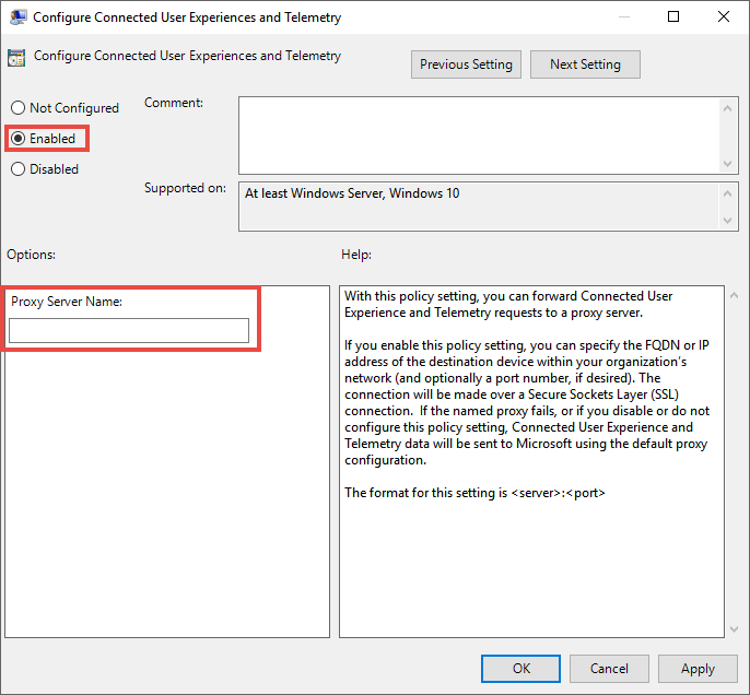 Screenshot of Group Policy setting to configure the telemetry proxy server for connected user experiences.