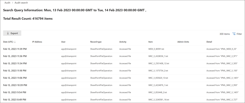 Screenshot of audit search results page with the Export option highlighted to download all results.
