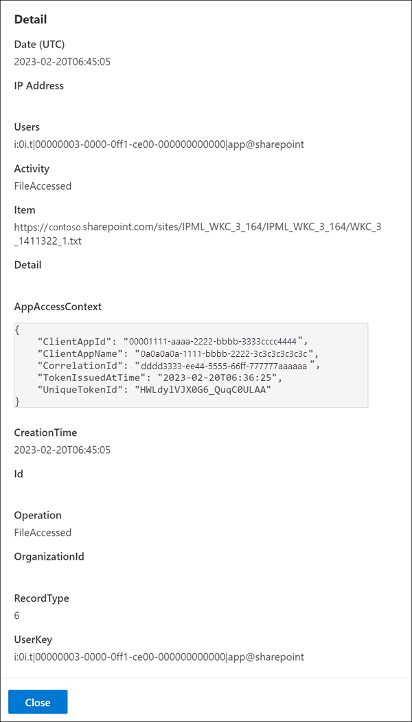 Screenshot of the search job item details fly-out showing the selected audit record's properties and event information.