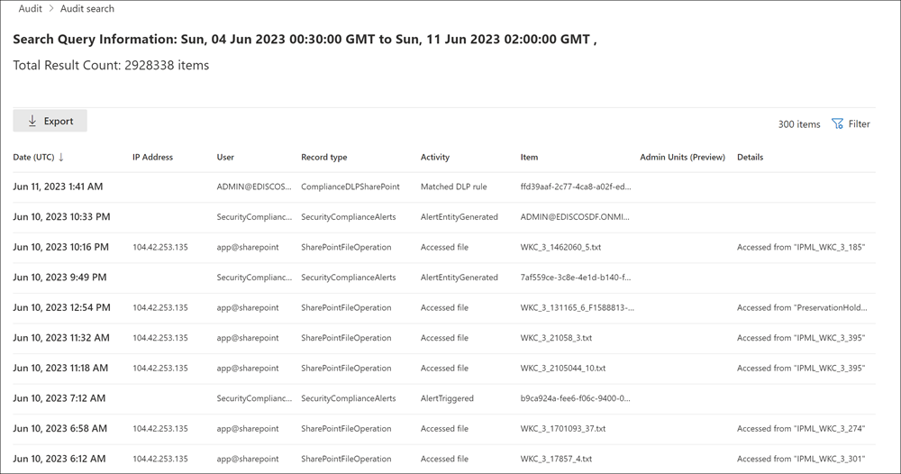 Screenshot of the search job details dashboard showing audit activity results and column details in Microsoft Purview.