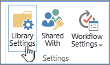 Screenshot of the SharePoint ribbon showing the Library tab and Library Settings option.