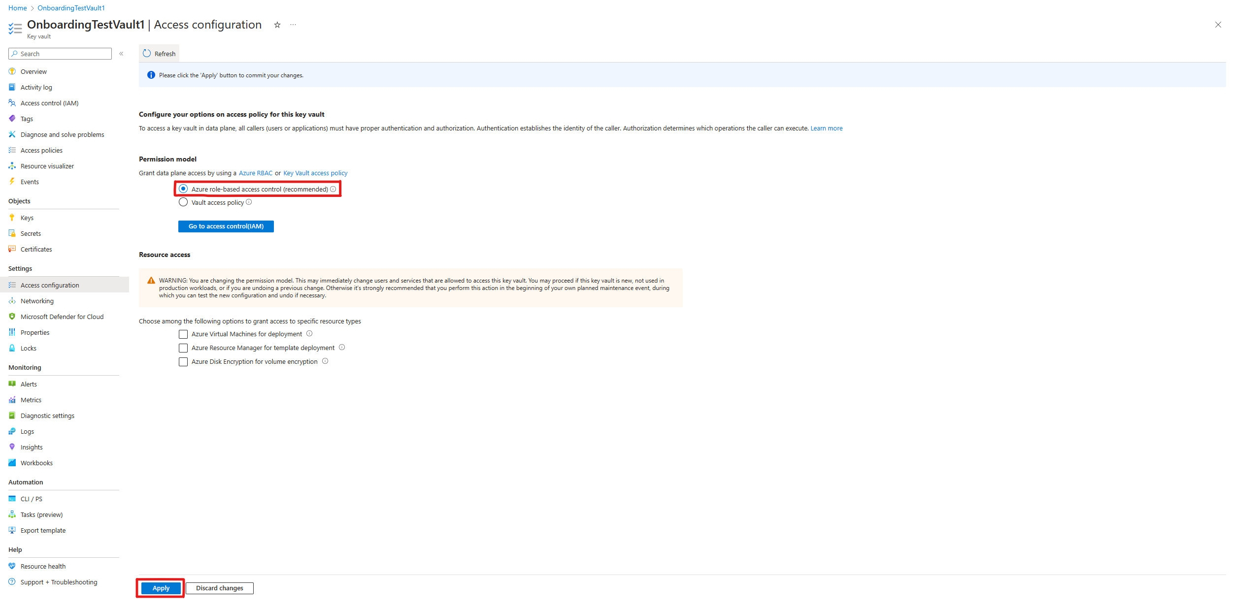 Screenshot of the Azure role-based access control permission model selected in Key Vault Access configuration.