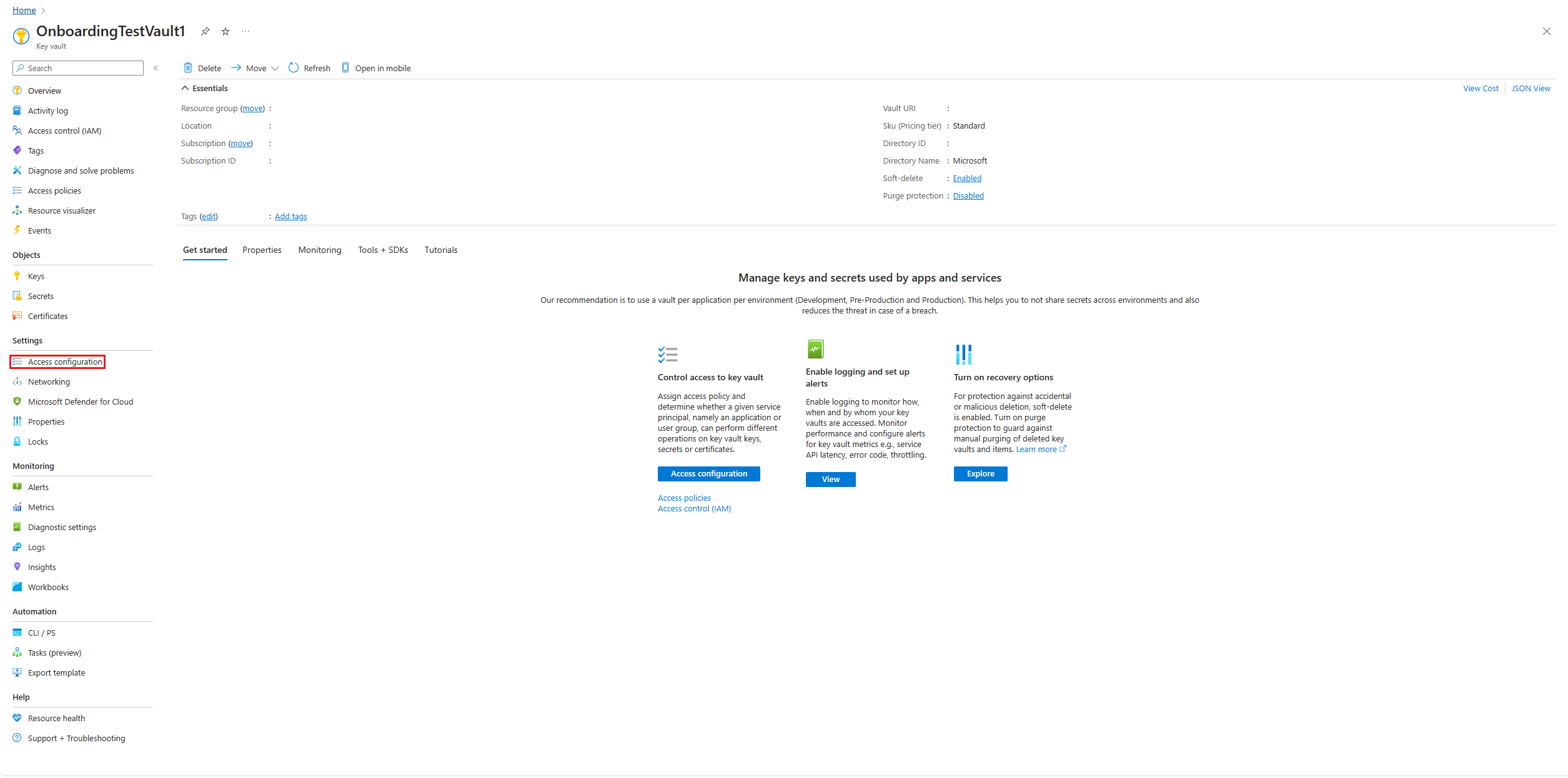 Screenshot of the Azure Key Vault Access configuration page in the Azure portal.