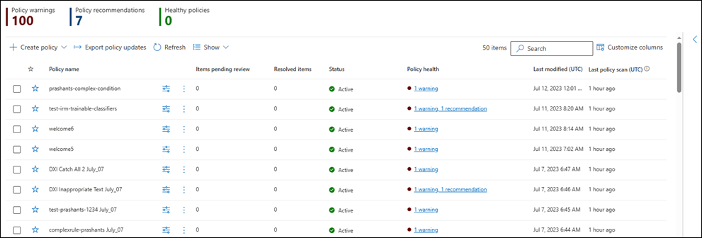 Screenshot of the Communication Compliance Policies page showing policy warnings, recommendations, and healthy policies.