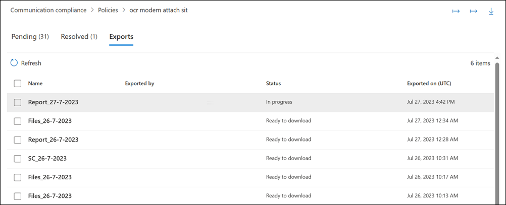 Screenshot of a Communication Compliance message details report showing export options including user selection, frequency, date range, and the fields included for each policy message item such as Match ID, Sender, Date, Location, and Item Status.
