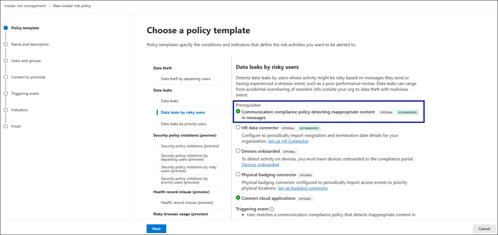 Screenshot of the Communication Compliance option selected in the Data leaks by risky users template in Insider Risk Management.