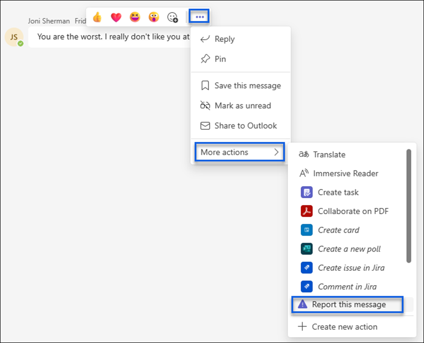 Screenshot of the Report this message option in a Teams chat message.
