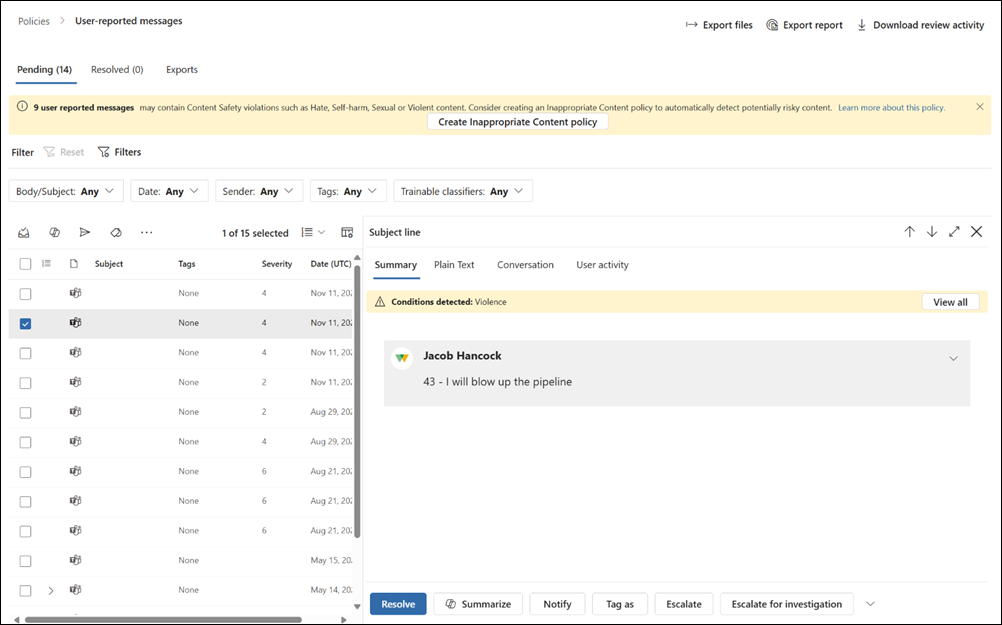Screenshot of the User-reported messages policy in the Communication Compliance solution.