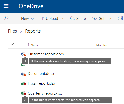 Screenshot of policy tip icons on documents in a OneDrive account.